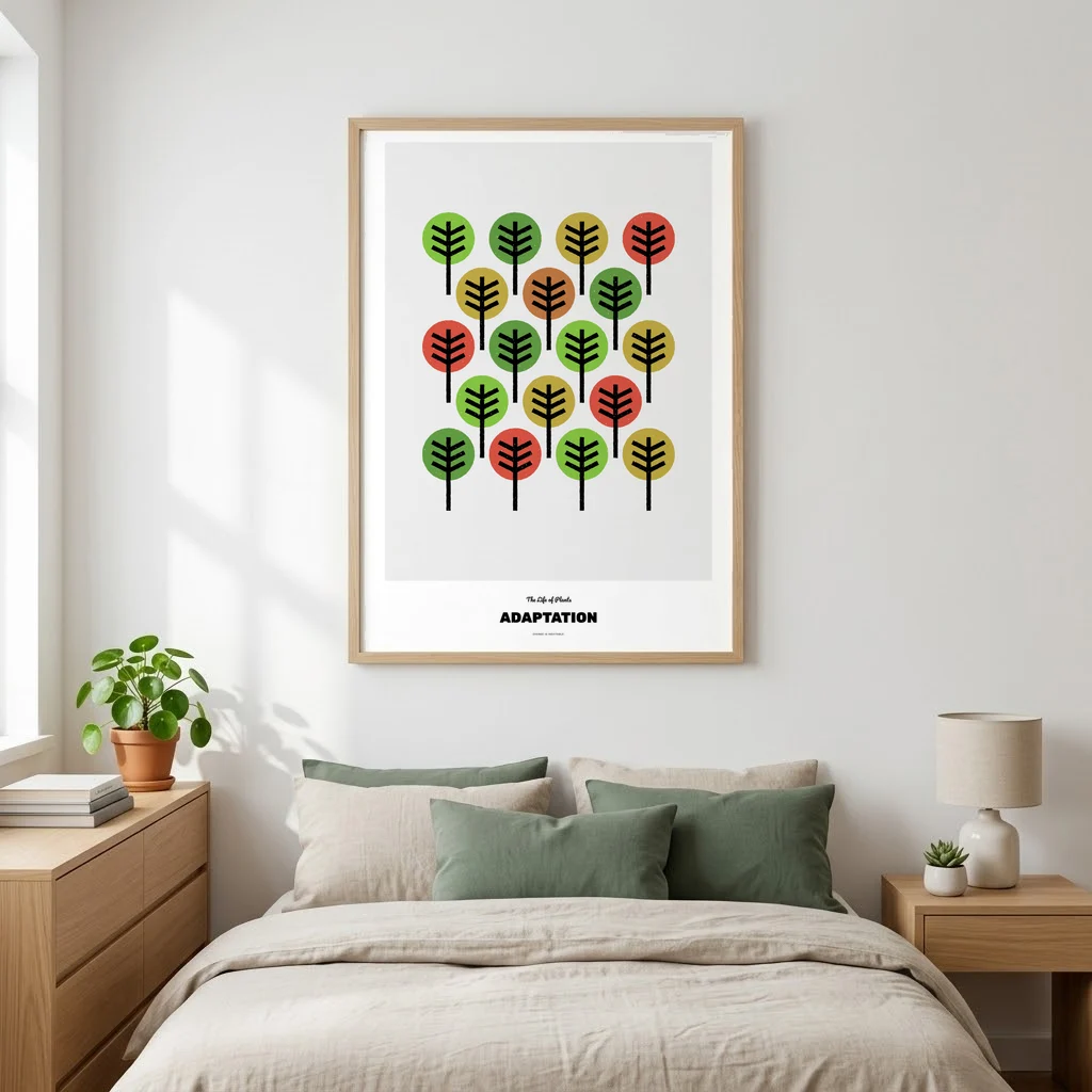 The poster framed above a bed in a bright bedroom