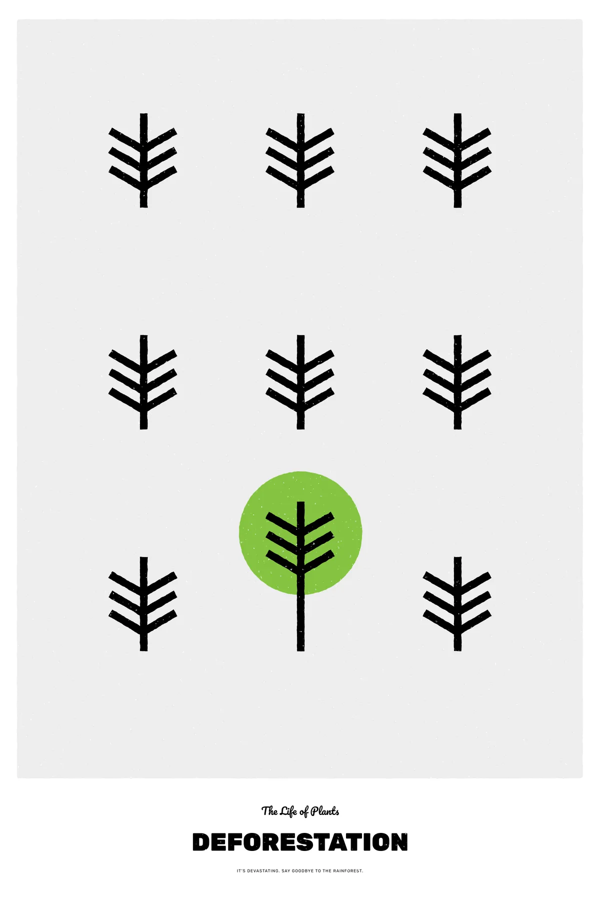 Eight black stamped trees and one green-circled tree on a light grey field, with the title Deforestation below