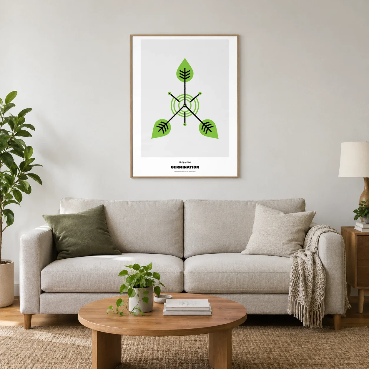 The poster framed above a light linen sofa in a living room