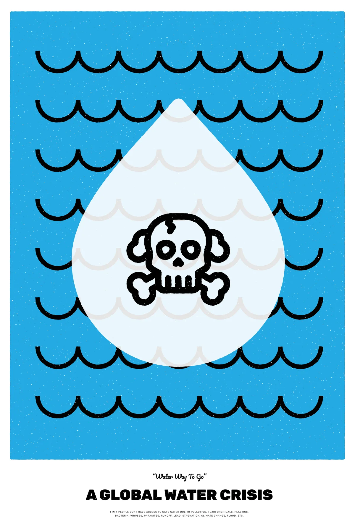A pale water drop containing a skull and crossbones over rows of black waves on a blue field