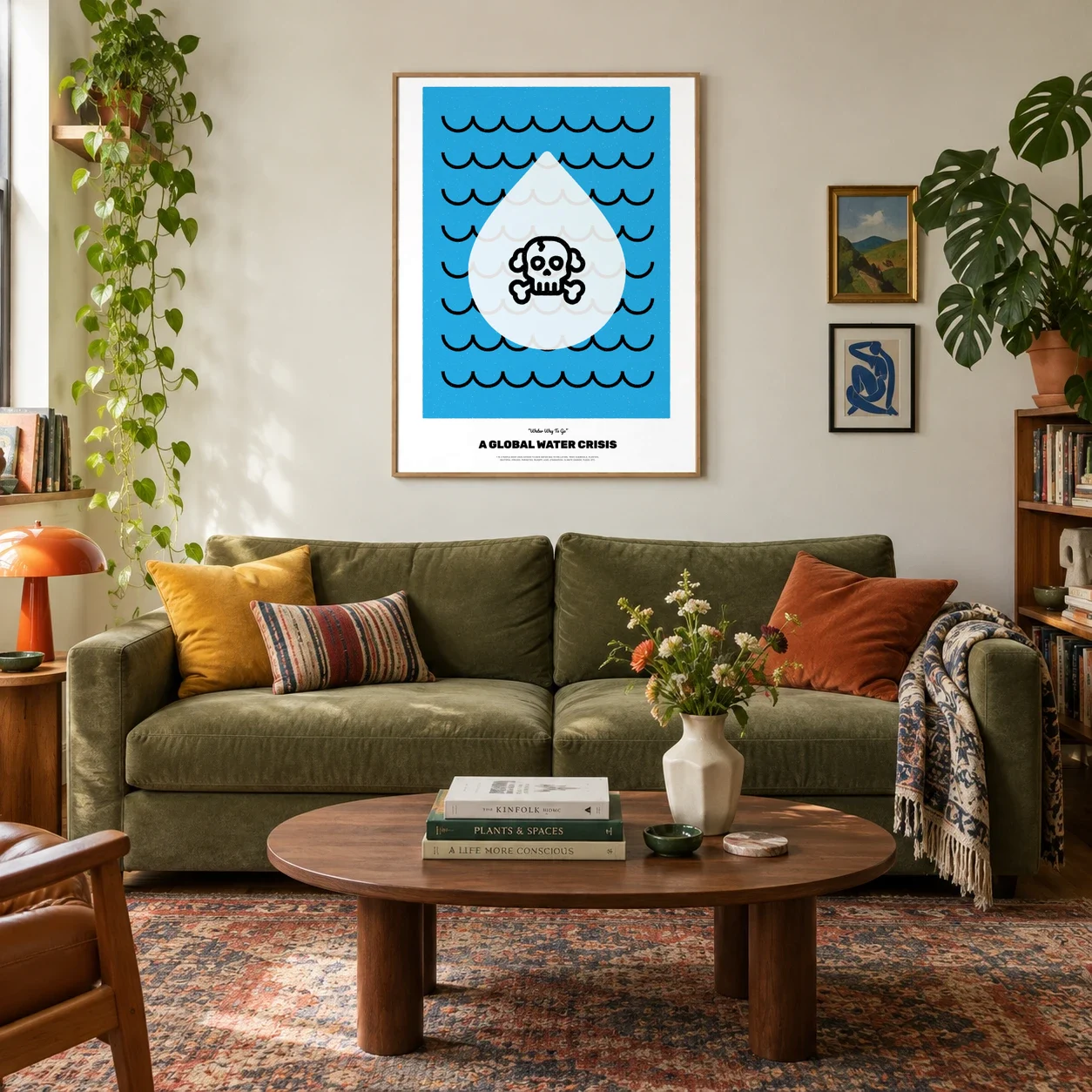 The poster framed above a green velvet sofa in a living room