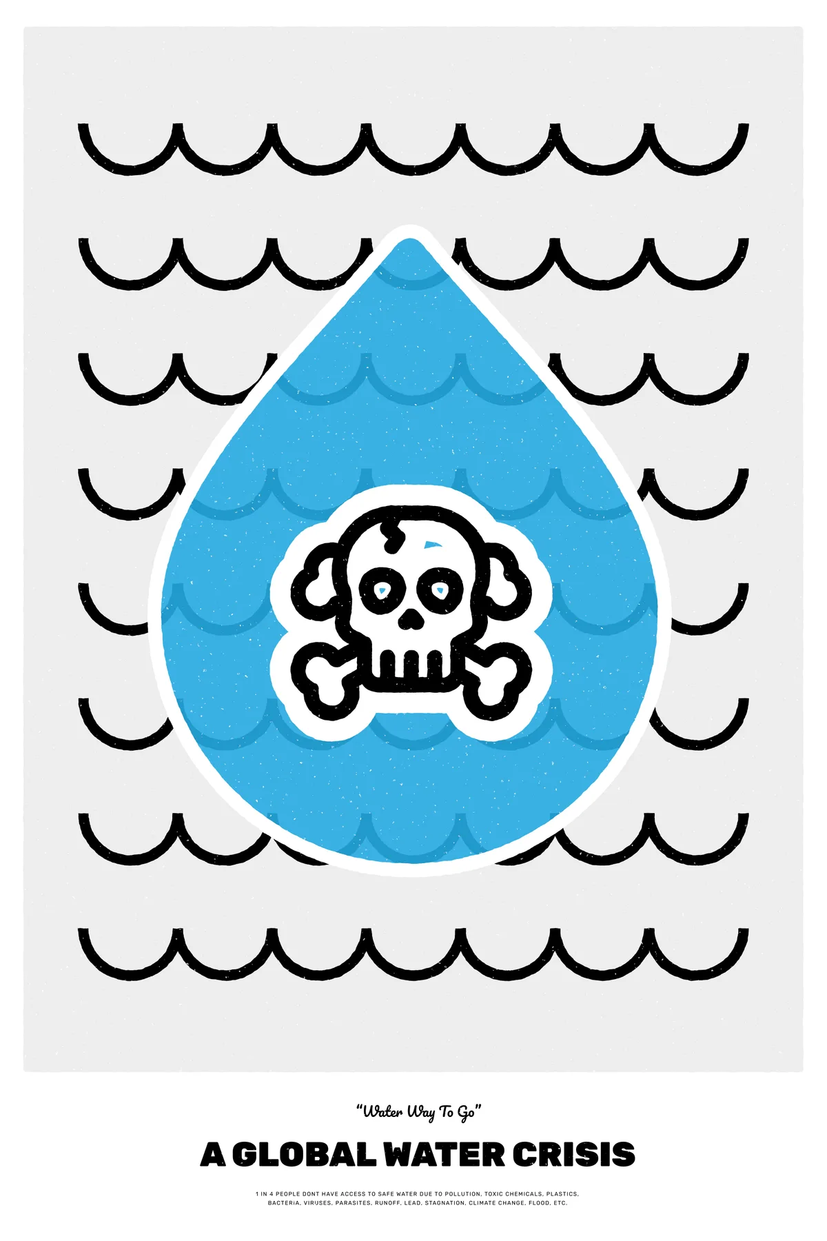 A bright blue water drop containing a skull and crossbones over rows of black waves on a light gray field